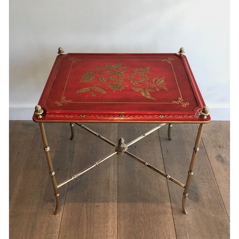 Vintage bronze side table with red lacquered and gilt decor top by Maison Baguès