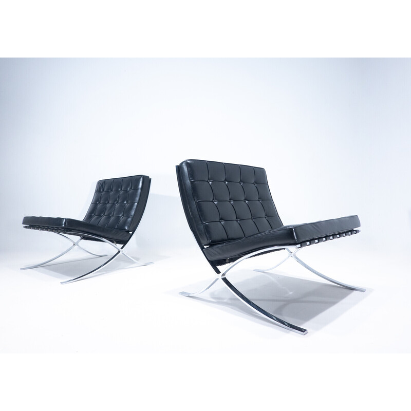 Pair of vintage Barcelona armchairs in black leather by Mies Van Der Rohe for Knoll, 1960s