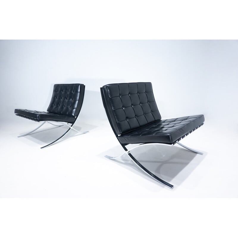 Pair of vintage Barcelona armchairs in black leather by Mies Van Der Rohe for Knoll, 1960s