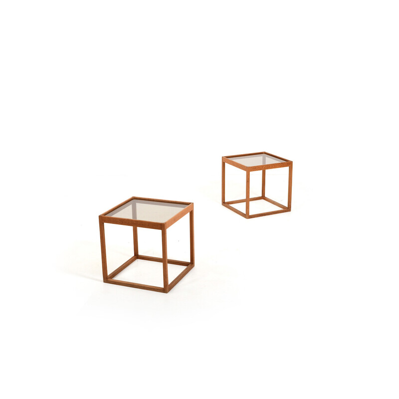 Pair of vintage solid oakwood and glass side tables by Kurt Østervig for Kp Møbler, Denmark 1960s