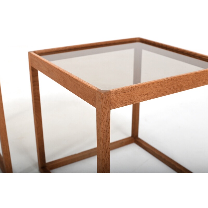 Pair of vintage solid oakwood and glass side tables by Kurt Østervig for Kp Møbler, Denmark 1960s