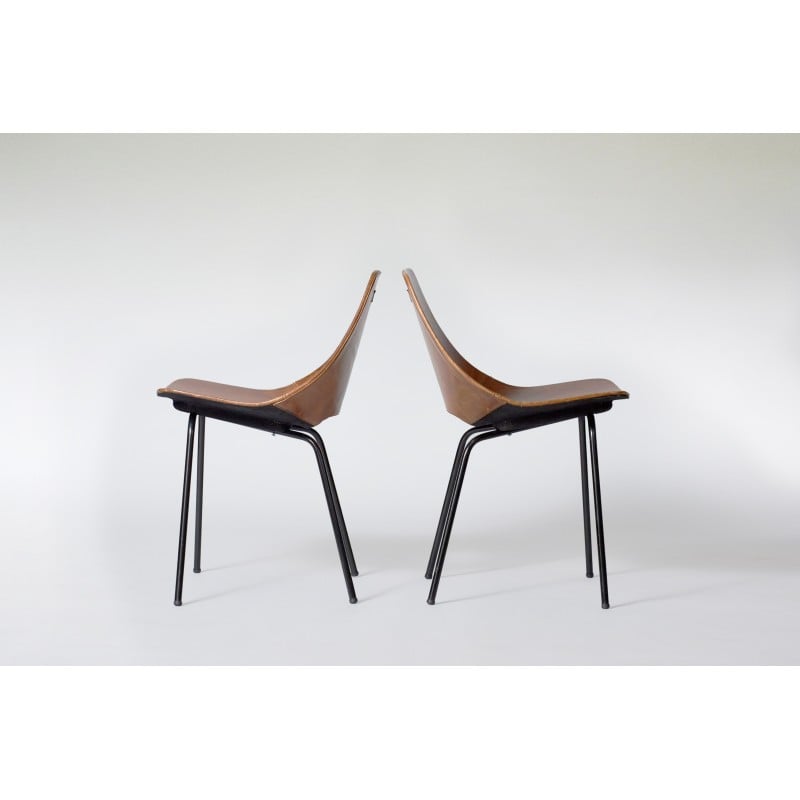 Pair of vintage Tonneau chairs in brown leather and metal by Pierre Guariche for Maison du Monde, 1950