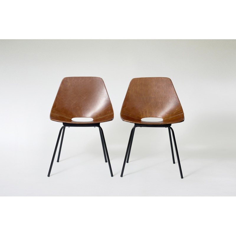 Pair of vintage Tonneau chairs in brown leather and metal by Pierre Guariche for Maison du Monde, 1950