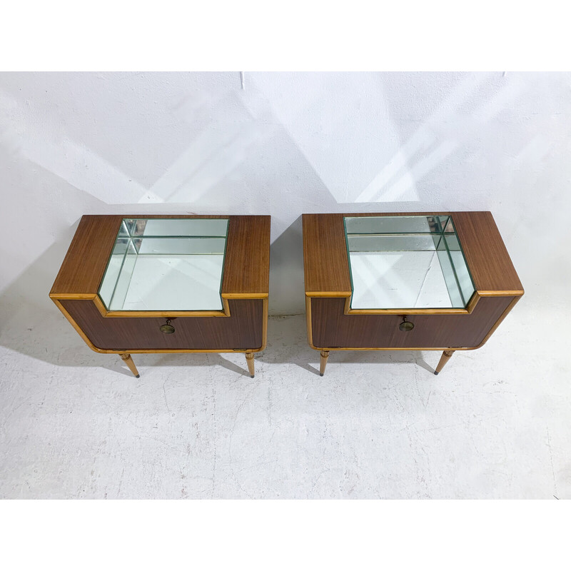 Pair of Italian mid-century night stand in wood and glass, 1950s