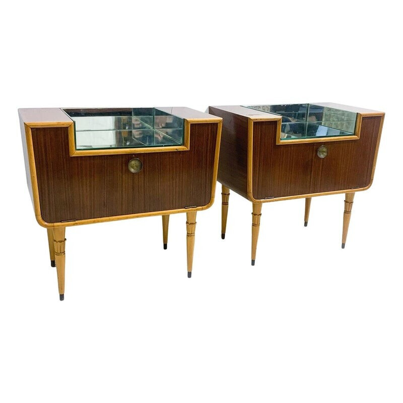 Pair of Italian mid-century night stand in wood and glass, 1950s
