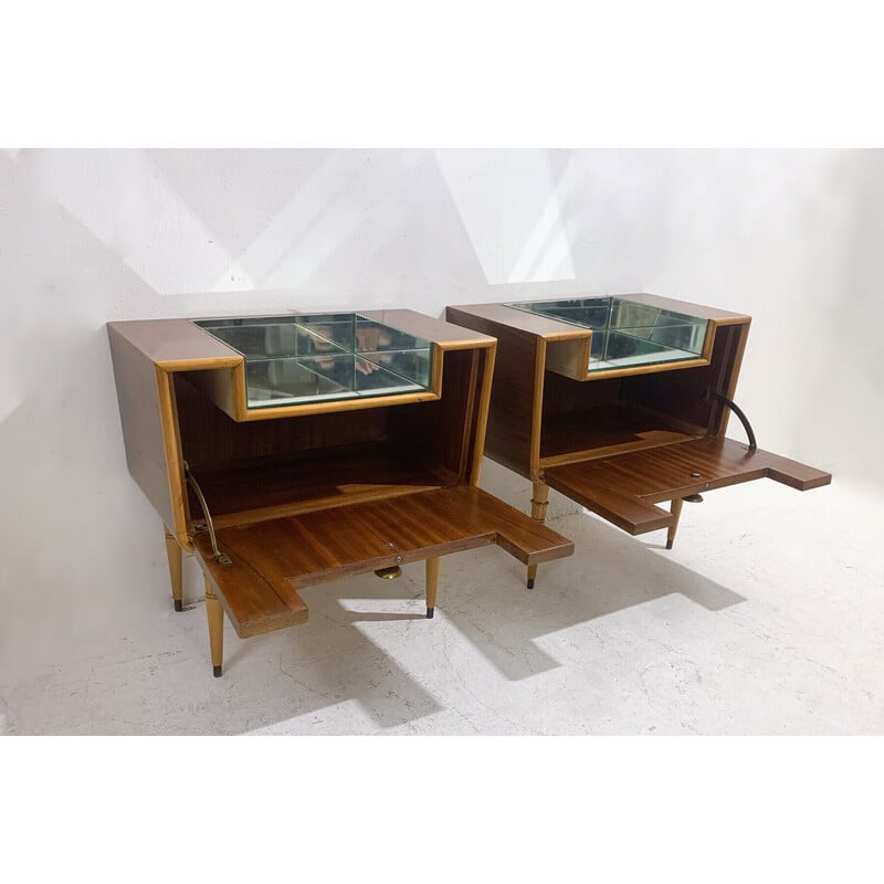 Pair of Italian mid-century night stand in wood and glass, 1950s