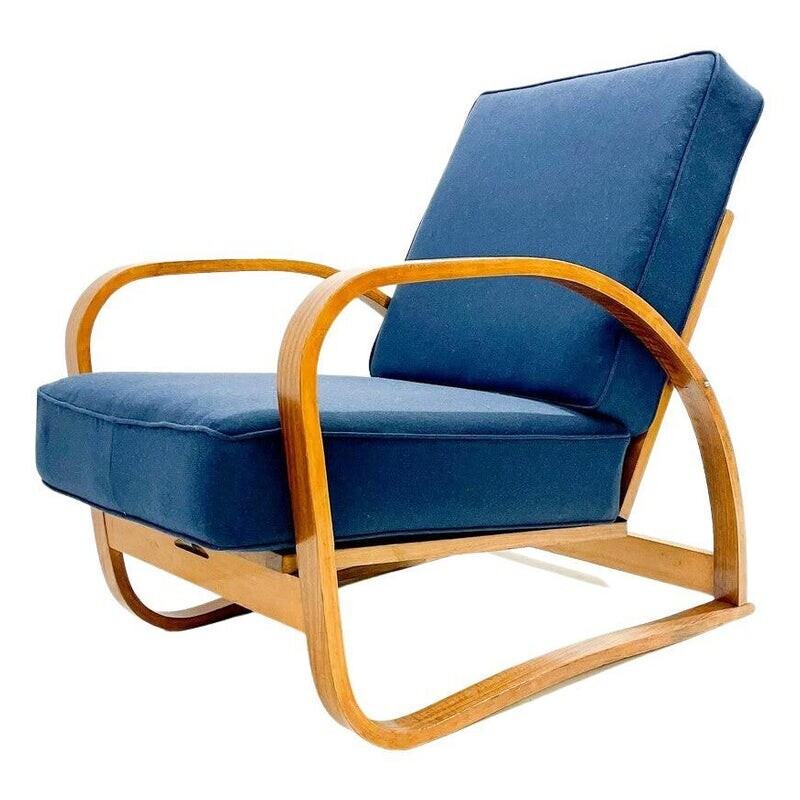 Sillón vintage con respaldo ajustable de madera curvada de Jindrich Halabala, República Checa, años 40