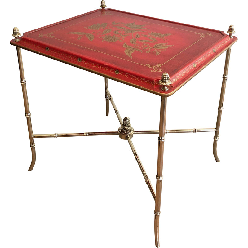 Vintage bronze side table with red lacquered and gilt decor top by Maison Baguès