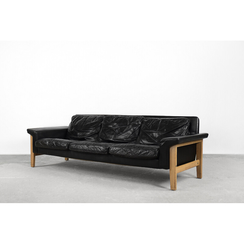 Vintage Scandinavian black leather 3-seater sofa by Lennart Bender for Ulferts Tibro, 1960s