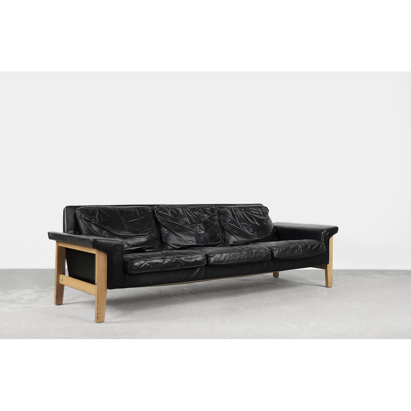 Skandinavisches 3-Sitzer-Sofa aus schwarzem Leder von Lennart Bender für Ulferts Tibro, 1960er Jahre