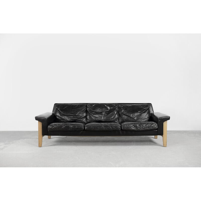 Skandinavisches 3-Sitzer-Sofa aus schwarzem Leder von Lennart Bender für Ulferts Tibro, 1960er Jahre