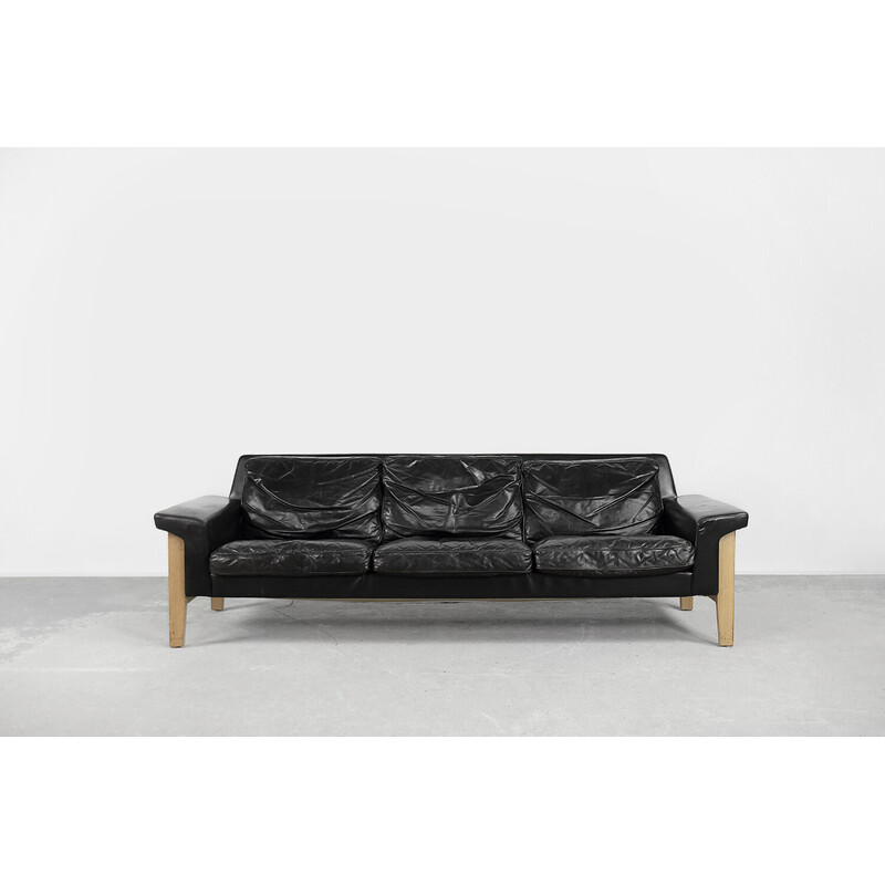 Vintage Scandinavian black leather 3-seater sofa by Lennart Bender for Ulferts Tibro, 1960s
