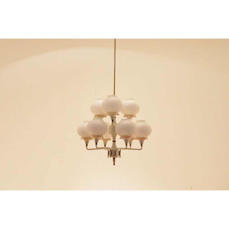 Italian chandelier in metal brass and opaline glass - 1950s