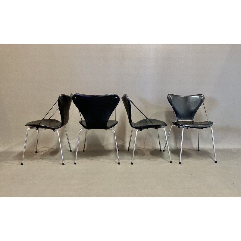 Set of 4 vintage leather and metal chairs by Arne Jacobsen for Fritz Hansen, 1960s