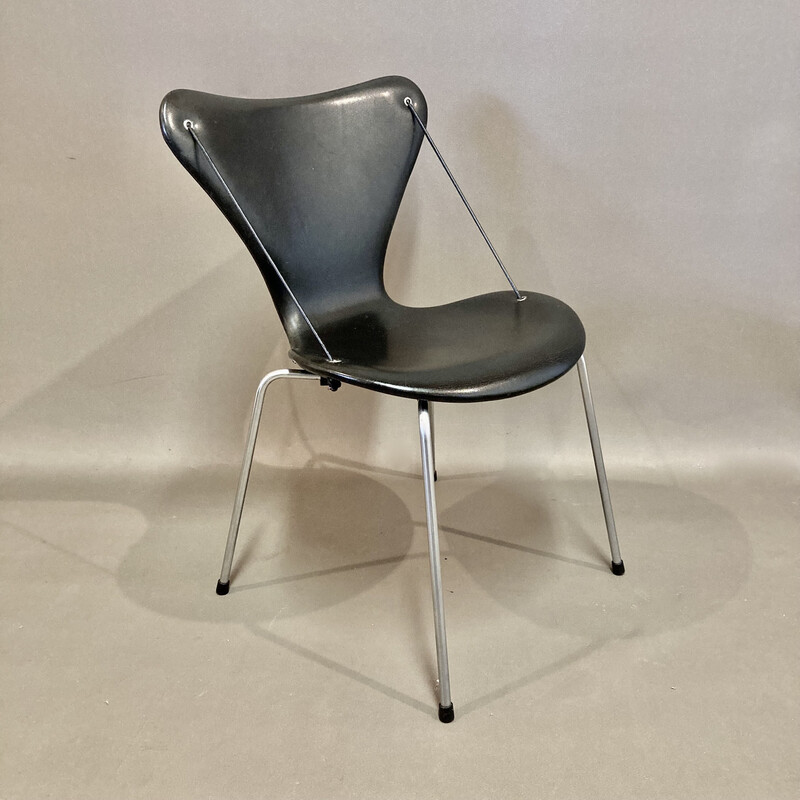 Juego de 4 sillas vintage de cuero y metal de Arne Jacobsen para Fritz Hansen, 1960