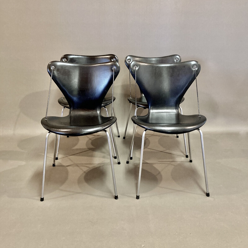 Set of 4 vintage leather and metal chairs by Arne Jacobsen for Fritz Hansen, 1960s