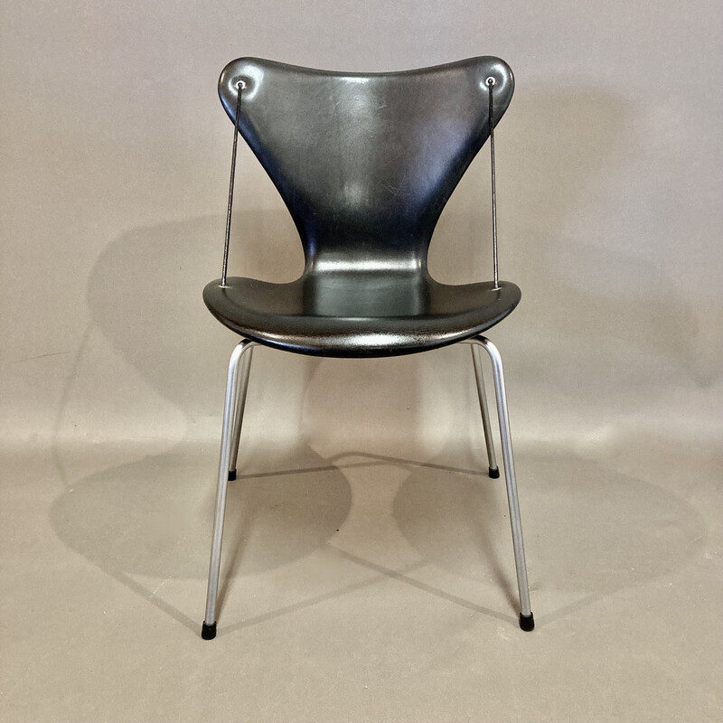 Set of 4 vintage leather and metal chairs by Arne Jacobsen for Fritz Hansen, 1960s