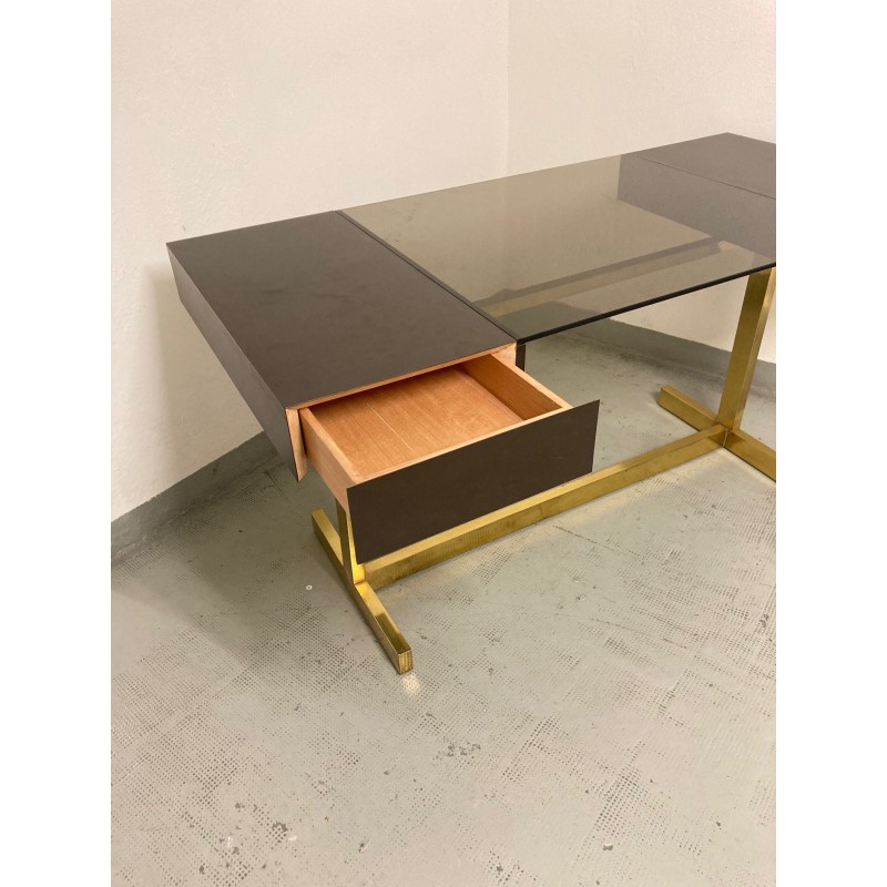 Vintage "Scrivania" desk in brass, laminated wood and glass, Italy 1970s