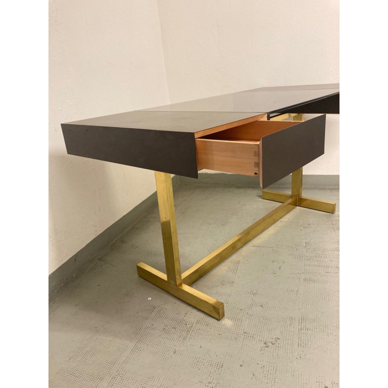 Vintage "Scrivania" desk in brass, laminated wood and glass, Italy 1970s