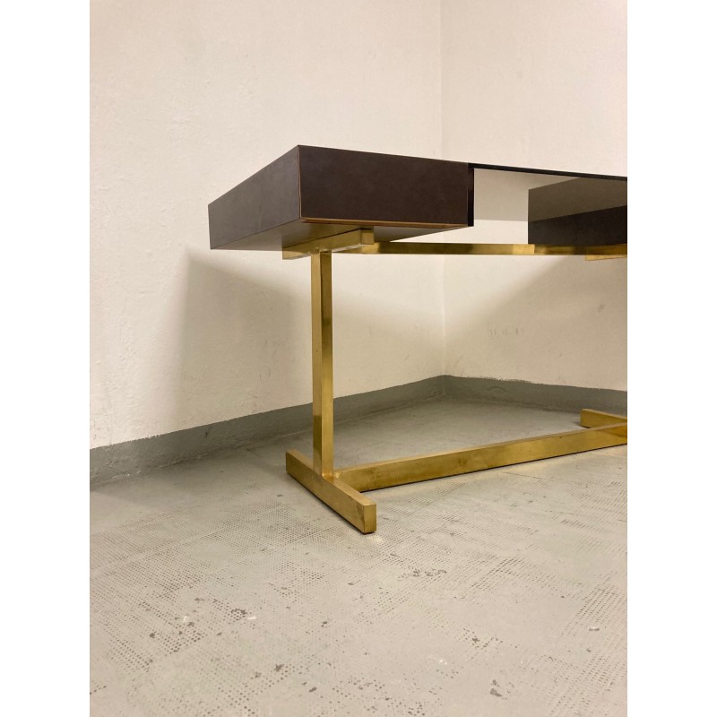 Vintage "Scrivania" desk in brass, laminated wood and glass, Italy 1970s