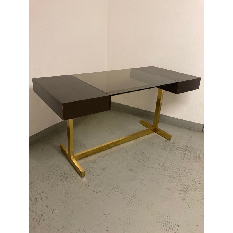 Vintage "Scrivania" desk in brass, laminated wood and glass, Italy 1970s