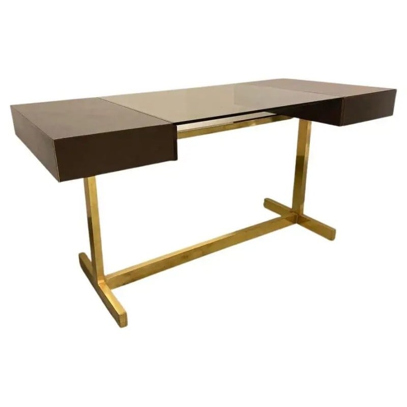 Vintage Scrivania desk in brass, laminated wood and glass, Italy 1970s