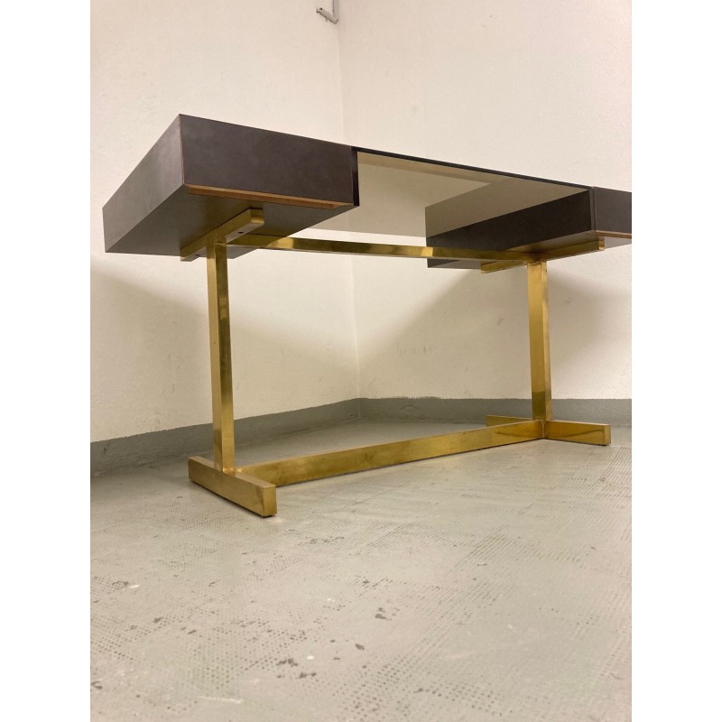 Vintage "Scrivania" desk in brass, laminated wood and glass, Italy 1970s