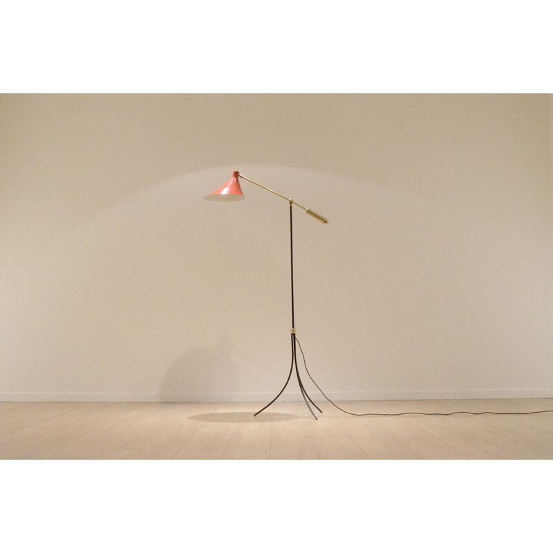 Lampadaire français Tripode Laiton & Métal Noir & Rouge - 1950