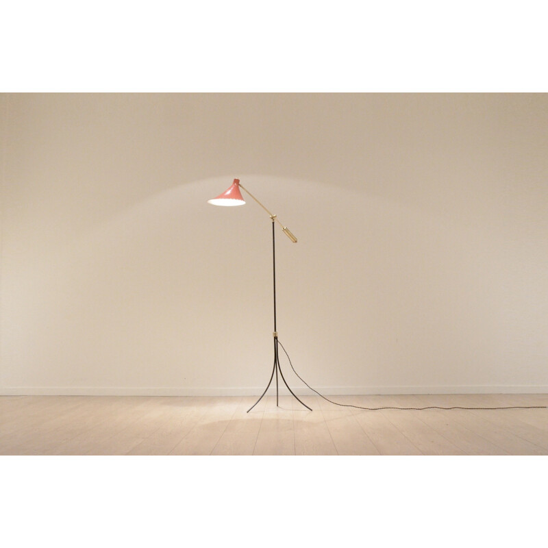 Lampadaire français Tripode Laiton & Métal Noir & Rouge - 1950