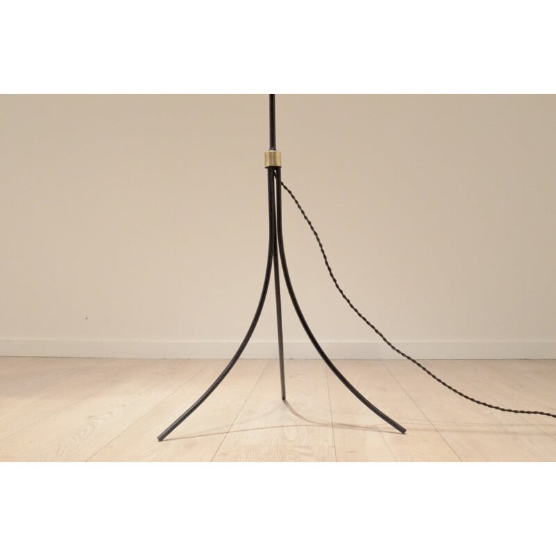 Lampadaire français Tripode Laiton & Métal Noir & Rouge - 1950