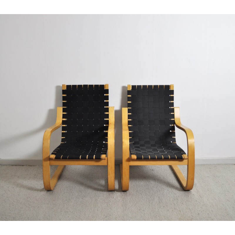 Pair of vintage model 406 armchairs in birch wood by Alvar Aalto for Artek