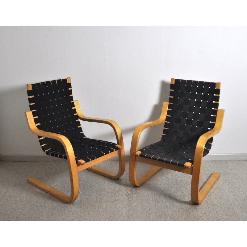 Pair of vintage model 406 armchairs in birch wood by Alvar Aalto for Artek