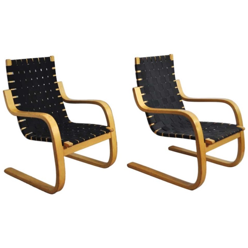 Pair of vintage model 406 armchairs in birch wood by Alvar Aalto for Artek