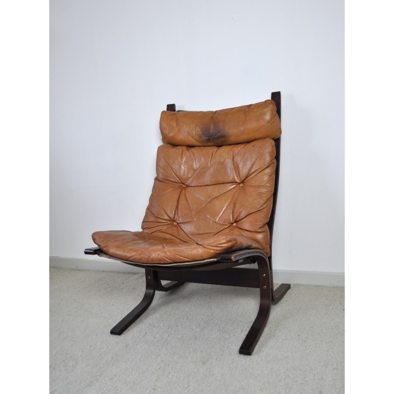 Fauteuil lounge vintage Siesta en cuir brun cognac par Ingmar Relling pour Westnofa, Norvège 1966