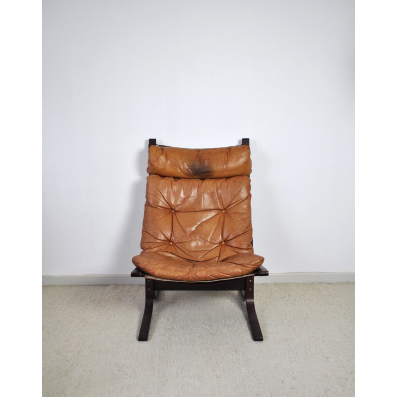 Fauteuil lounge vintage Siesta en cuir brun cognac par Ingmar Relling pour Westnofa, Norvège 1966