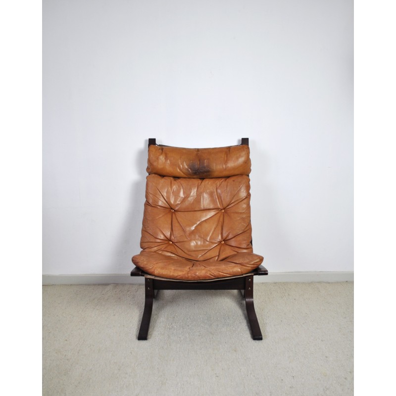 Vintage Siesta lounge chair in cognac brown leather by Ingmar Relling for Westnofa, Norway 1966s