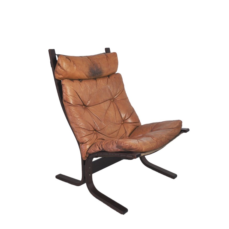 Fauteuil lounge vintage Siesta en cuir brun cognac par Ingmar Relling pour Westnofa, Norvège 1966