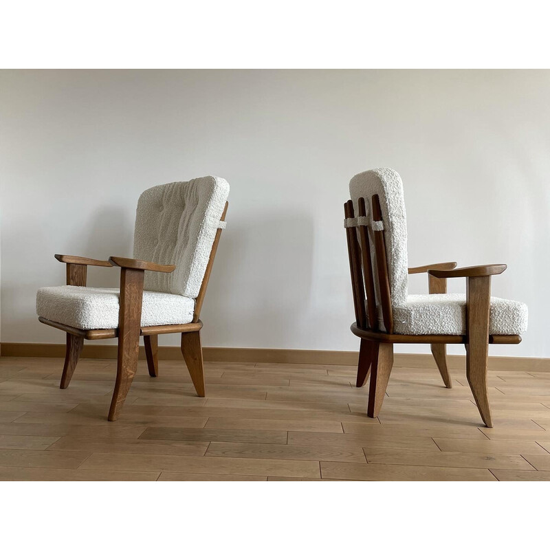 Pair of vintage oakwood and fabric armchairs by Guillerme and Chambron, 1960s