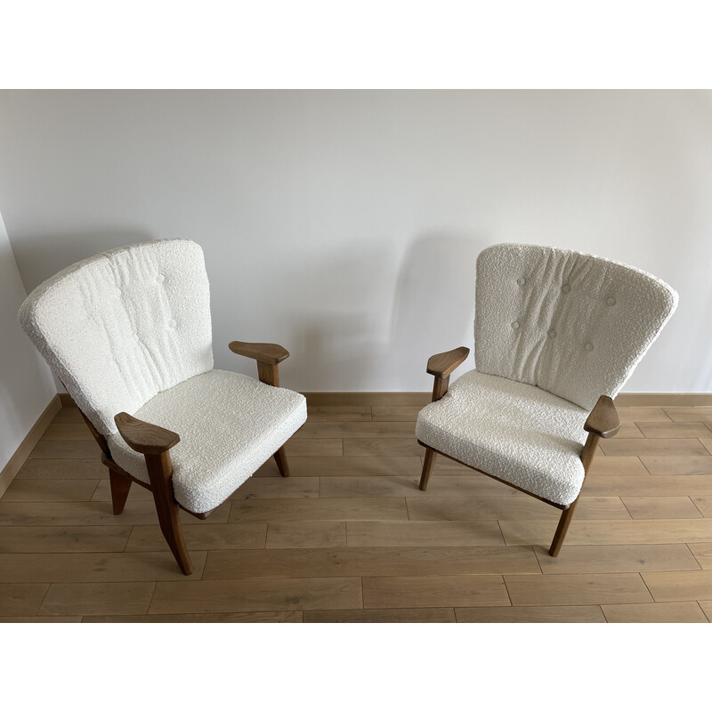 Pair of vintage oakwood and fabric armchairs by Guillerme and Chambron, 1960s