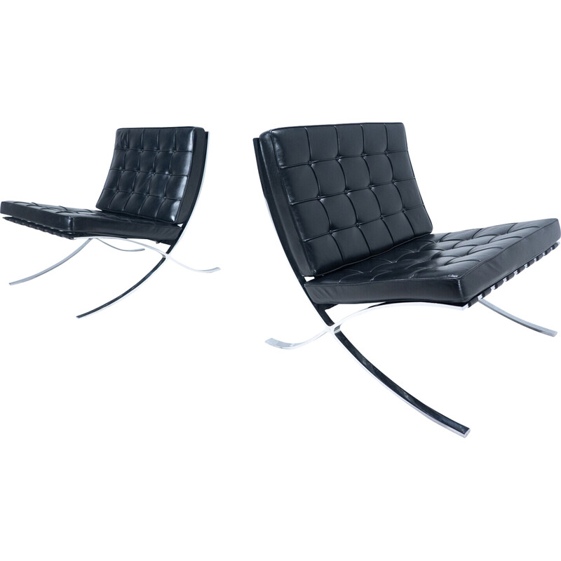 Pair of vintage Barcelona armchairs in black leather by Mies Van Der Rohe for Knoll, 1960s