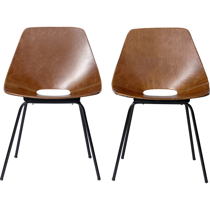 Pair of vintage Tonneau chairs in brown leather and metal by Pierre Guariche for Maison du Monde, 1950