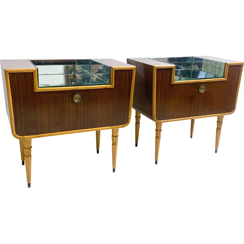 Paire de tables de nuit italiennes vintage en bois et verre, 1950