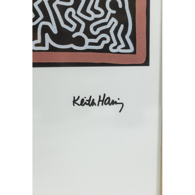 Serigrafía vintage con marco de roble de Keith Haring, América 1990