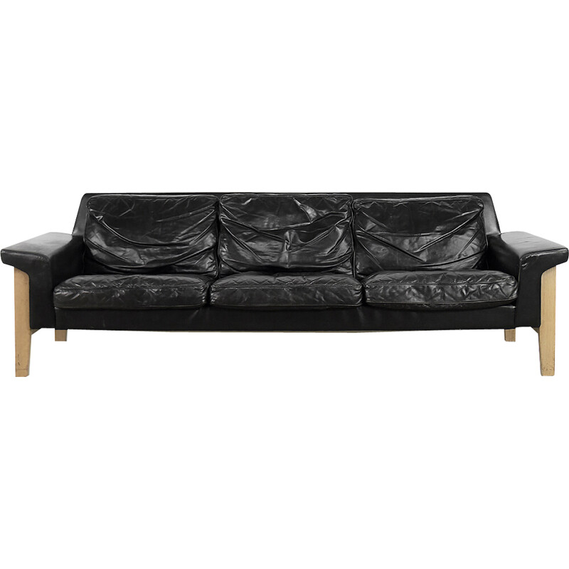 Vintage Scandinavian black leather 3-seater sofa by Lennart Bender for Ulferts Tibro, 1960s