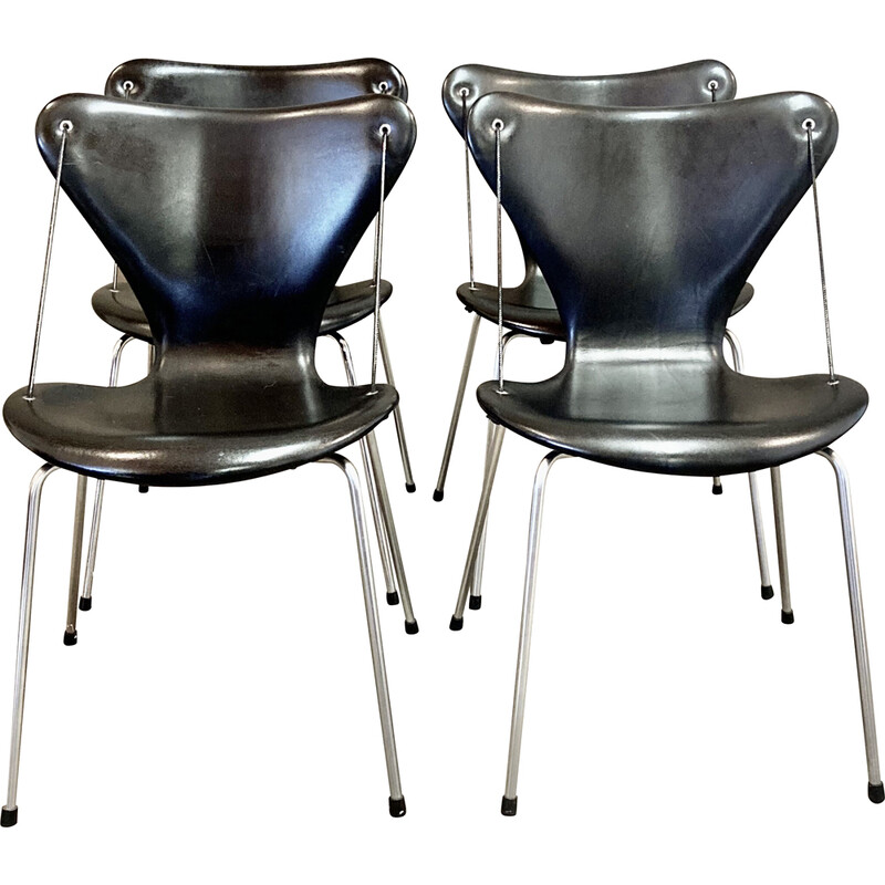 Set of 4 vintage leather and metal chairs by Arne Jacobsen for Fritz Hansen, 1960s