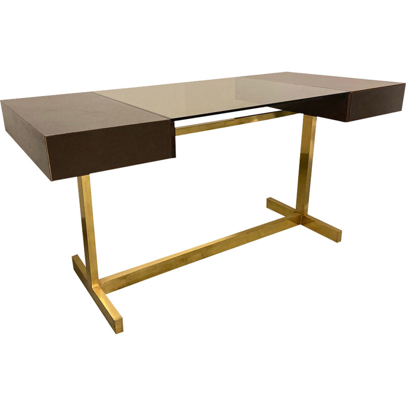 Vintage "Scrivania" desk in brass, laminated wood and glass, Italy 1970s