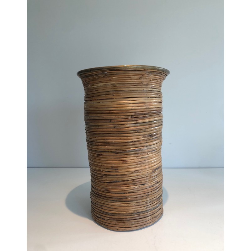 Vintage umbrella stand in rattan and brass, 1970