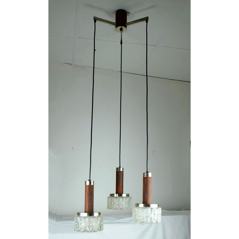 Suspension vintage en verre et en palissandre produite par Hillebrand - 1960