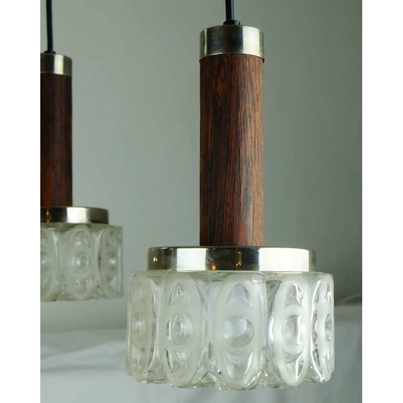 Suspension vintage en verre et en palissandre produite par Hillebrand - 1960