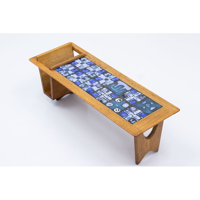 Vintage oakwood and ceramics tiles coffee table by Robert Guillerme and Jacques Chambron